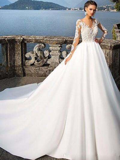 A-line Long Sleeves Court Train Tulle Wedding Gown With Buttons