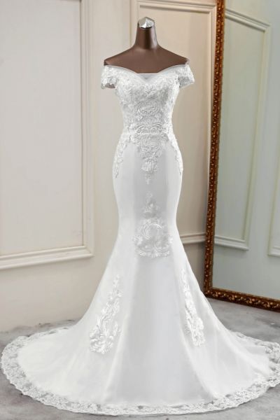 Mermaid Off-the-shoulder Floor-length Lace Bridal Attire With Beading