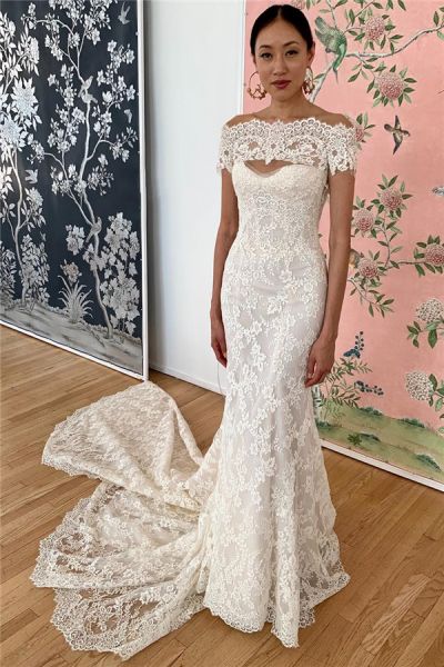 Mermaid Off-the-shoulder Cap Sleeves Sweep / Brush Train Bridal Gown With Lace