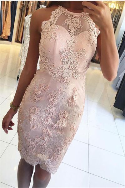 Column Halter-neck Sleeveless Mini Homecoming Gown With Lace