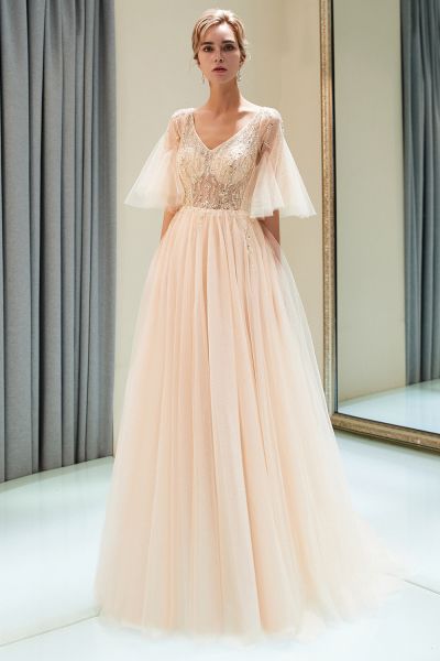 A-line V-neck Half-Sleeves Court Train Tulle Evening Gown With Beading