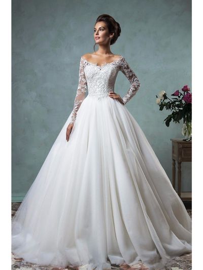 A-line Long Sleeves Court Train Tulle Wedding Gown With Lace