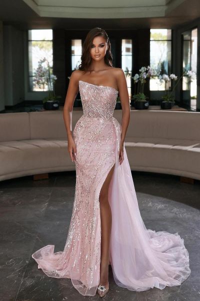 Mermaid Strapless Sleeveless Floor-length Tulle Formal Dress With Crystal