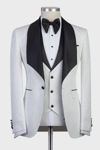 White Three-Pieces Jacaquard Wedding Groom Suit with Black Shawl Lapel