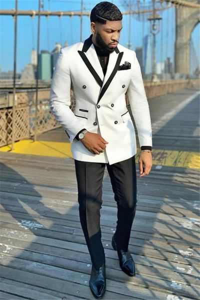 White Double Breasted Peaked Lapel Wedding Men Suit