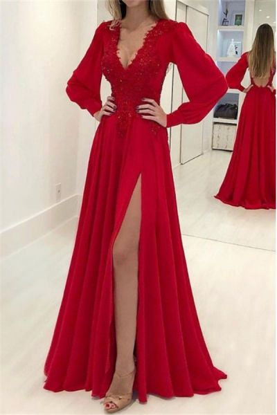 A-line V-neck Long Sleeves Sweep / Brush Train Evening Dress With Appliques