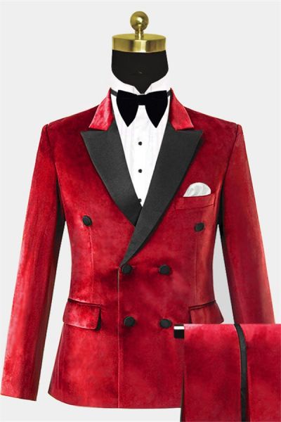 Red Double Breasted Velvet Prom Suit with Peaked Lapel