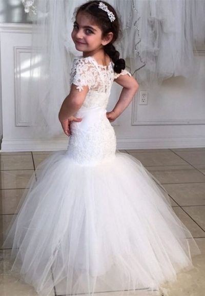 Lovely Short Sleeve Mermaid Children Dresses Lace Mermaid Floor Length Flower Girl Dress