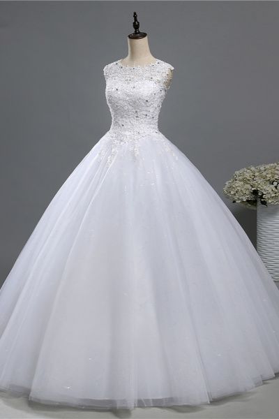 A-line Jewel Neck Sleeveless Floor-length Tulle Wedding Dress With Appliques