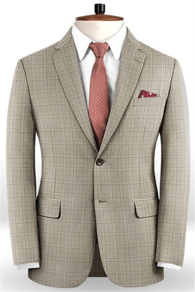 Slim Fit Khaki Checked Two Pieces Tuxedo Online Men Suits