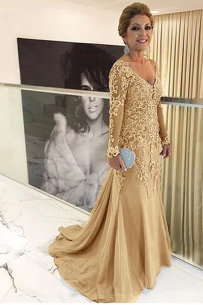 Gold V-Neck Lace Mother of the Bride Dress with Long Sleeves -  and