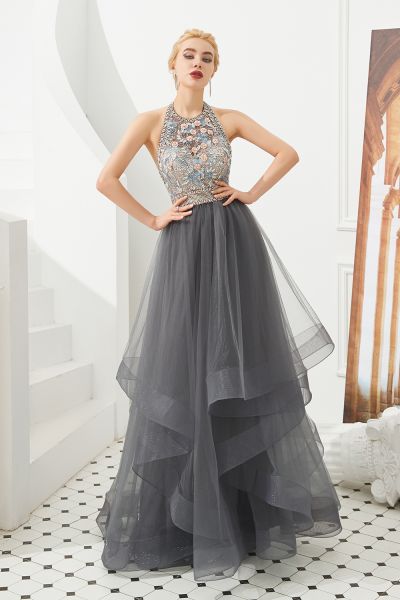 Ball Gown Halter-neck Sleeveless Sweep / Brush Train Tulle Bridal Attire With Crystal