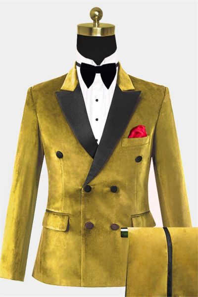 Gold Double Breasted Velvet Prom Suit with Peaked Lapel