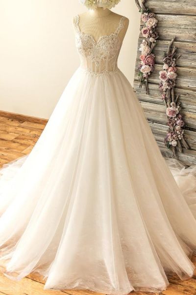 A-line Sweetheart Neck Sleeveless Cathedral Train Tulle Wedding Gown With Appliques