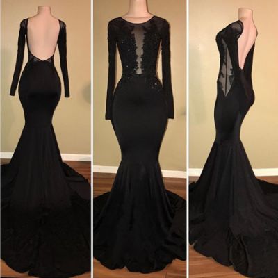 Black Mermaid Prom Dress with Long Sleeves and Lace Appliques