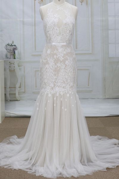 Mermaid Halter-neck Sleeveless Chapel Train Lace Wedding Gown With Lace
