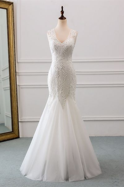 Mermaid V-neck Sleeveless Floor-length Tulle Wedding Gown With Beading