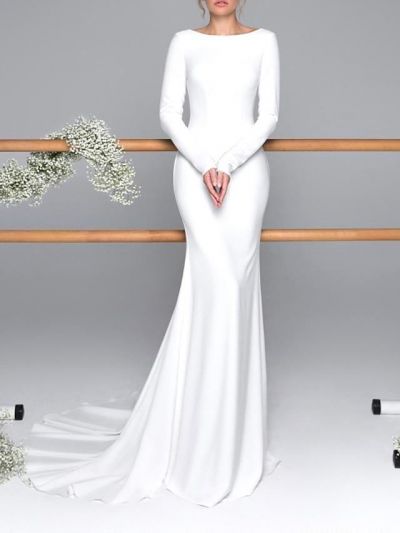 Mermaid Jewel Neck Long Sleeves Floor-length Bridal Gown With Court Train