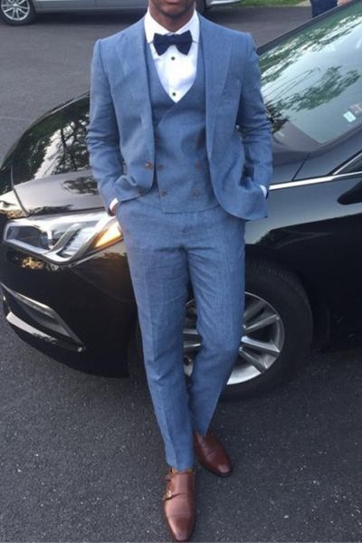 Blue Three Piece Prom Suit with Notched Lapel