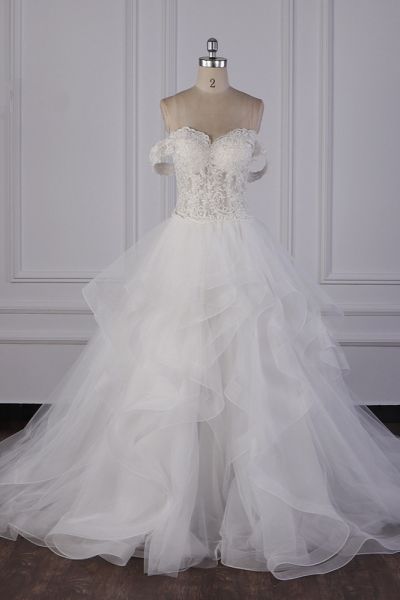 A-line Off-the-shoulder Sweetheart Neck Sleeveless Floor-length Tulle Bridal Dress With Ruffles