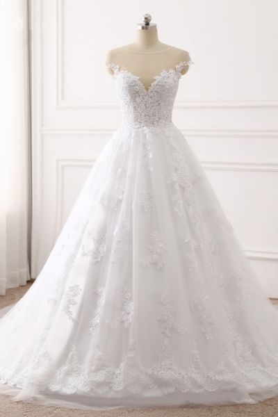A-line Jewel Neck Sleeveless Floor-length Tulle Wedding Dress With Appliques