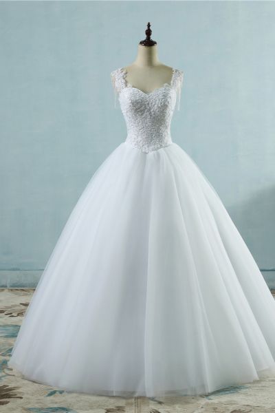 A-line Straps Floor-length Tulle Bridal Gown With Appliques