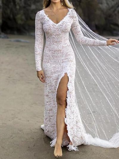 Mermaid V-neck Long Sleeves Court Train Lace Bridal Gown With Beading