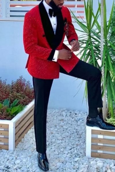 Prom Sparkle Red Black Velvet Lapel Men's Suit