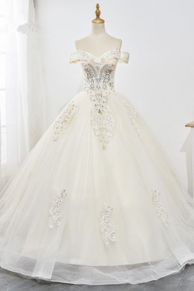 Ball Gown Off-the-shoulder Sweetheart Neck Floor-length Tulle Bridal Dress With Beading