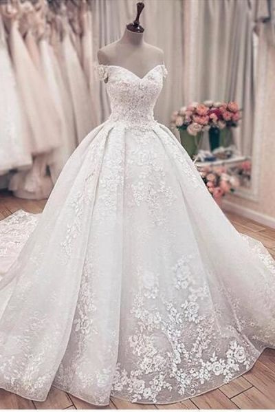 Ball Gown Off-the-shoulder Cap Sleeves Sweep / Brush Train Lace Bridal Gown With Lace