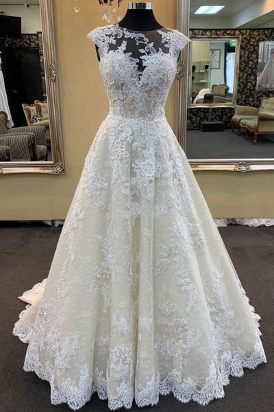 A-line Jewel Neck Cap Sleeves Floor-length Tulle Bridal Dress With Lace