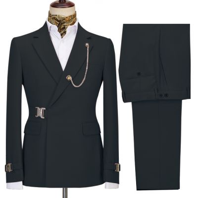 Black Button Notched Lapel Business Men Suit