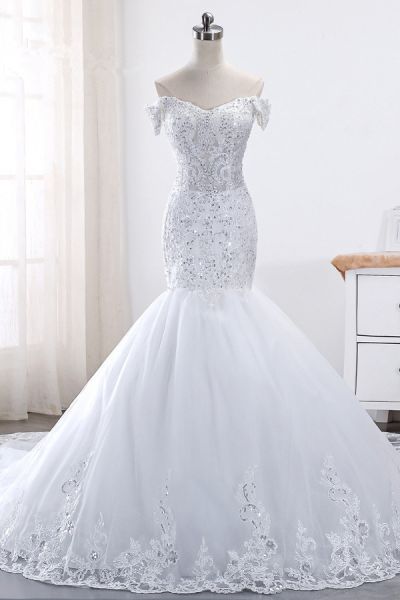 Mermaid Off-the-shoulder Sweetheart Neck Sleeveless Floor-length Tulle Wedding Dress With Beading