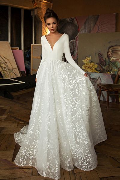 A-line V-neck Long Sleeves Sweep / Brush Train Twisted Pair Wedding Gown With Appliques