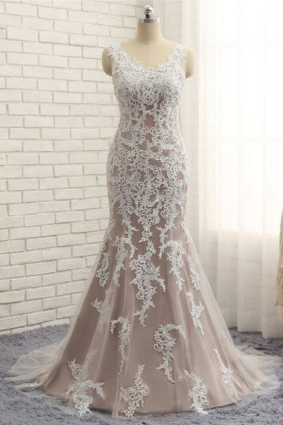 Mermaid Straps Jewel Neck Sleeveless Floor-length Stretch Satin Wedding Dress With Appliques