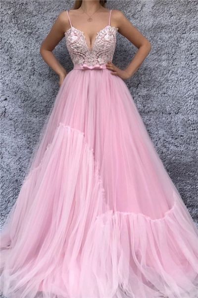 A-line Spaghetti Straps V-neck Sleeveless Floor-length Tulle Cocktail Party Dress With Bow