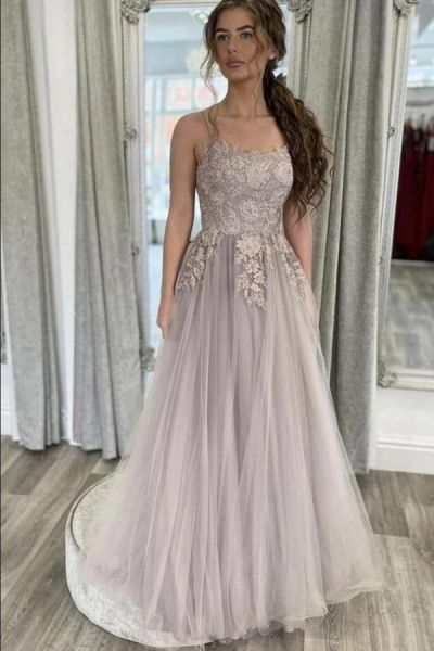 Column Spaghetti Straps Sleeveless Floor-length Lace Evening Gown