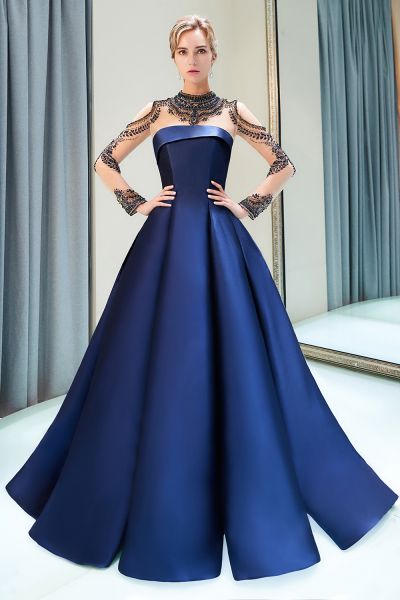 A-line Jewel Neck Long Sleeves Chapel Train Stretch Satin Evening Gown With Beading