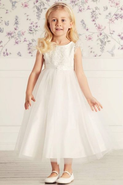 Jewel Neck Cap Sleeves Tulle Flower Girl Dress With Ribbons