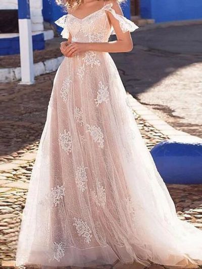 A-line Short Sleeves Floor-length Lace Wedding Dress With Lace