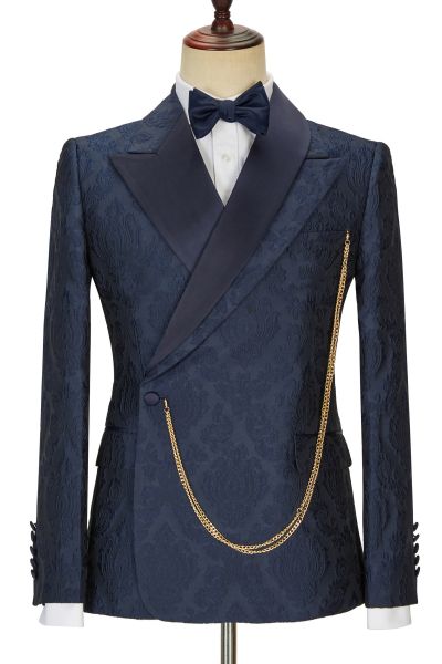 Navy Blue Jacquard Peaked Lapel Wedding Men Suit