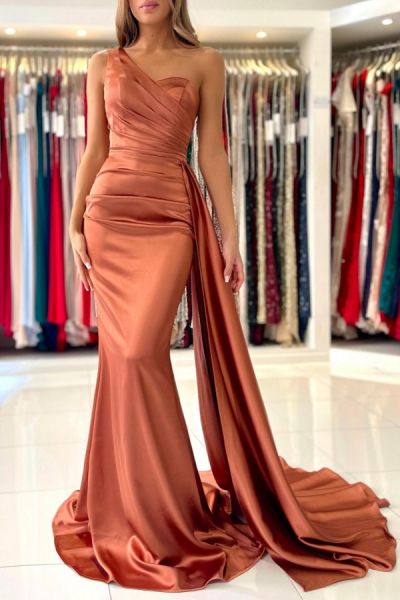 Mermaid One Shoulder Sleeveless Floor-length Satin Prom Dress With Ruffles