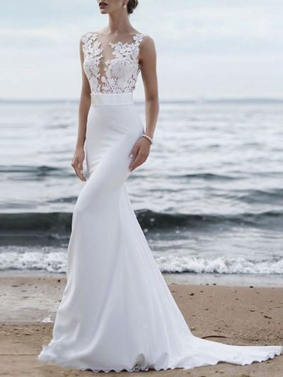 Mermaid Sleeveless Sweep / Brush Train Polyester Bridal Gown With Buttons