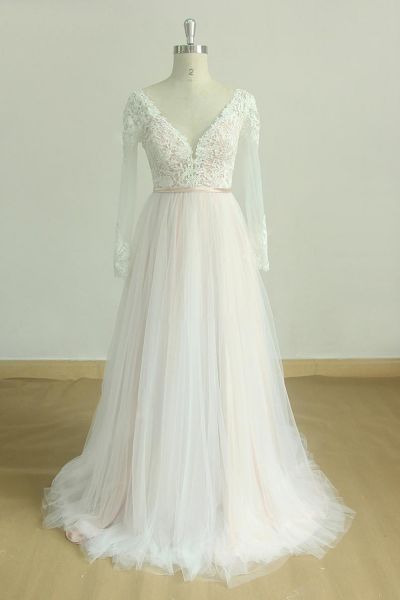 A-line Illusion V-neck Long Sleeves Court Train Tulle Bridal Gown With Ribbons