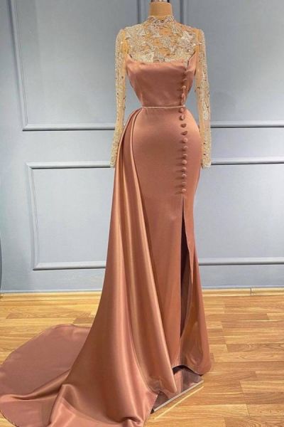 A-line High Neck Long Sleeves Floor-length Stretch Satin Evening Gown With Split Front