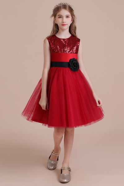 A-line Jewel Neck Sleeveless Knee-length Tulle Flower Girl Dress With Flower(s)
