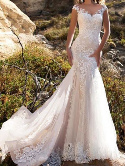 Mermaid Sleeveless Chapel Train Lace Bridal Gown With Buttons