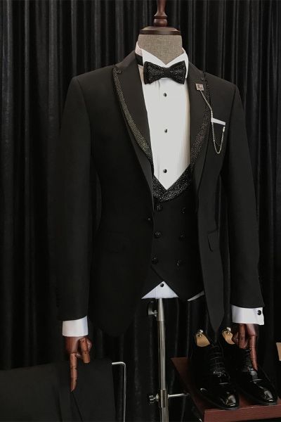 Black Wedding Suit With Sparkle Peaked Lapel