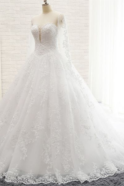Victorian Long Sleeve Lace Applique Ball Gown with Classic Basque Waist and Elaborate Open Back