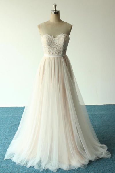 A-line Jewel Neck Sleeveless Floor-length Tulle Bridal Dress With Lace